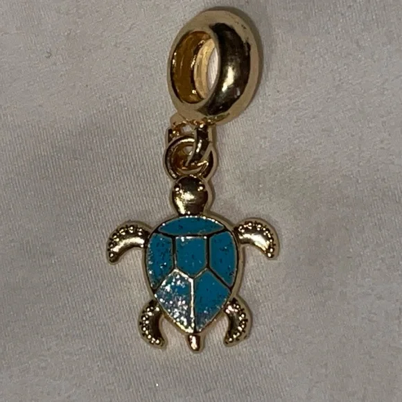 Golden Sterling Silver 925 Turtle Charm Pendant with Sparkling Blue Enamel - Picture 4 of 5